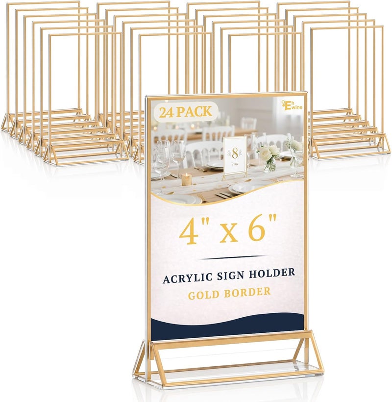 EHWINE 24 Pack Acrylic Sign Holder 4 x 6, Double Sided Gold Picture Frame Stand up Table Top Sign Holders, Clear Display Stand Menu Flyer Holder for Wedding Party - Image 1